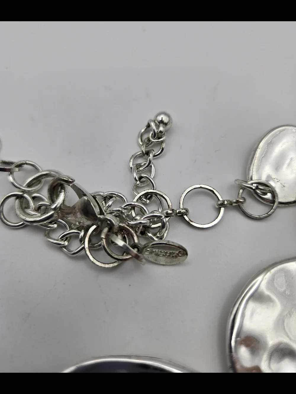 Chico's Silvertone Metal Hammered Disc Necklace Chunky Sculpural Geometric READ
